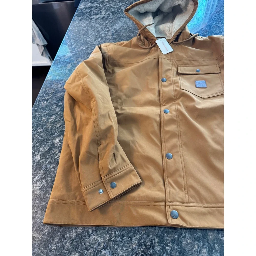 Lucky Brand Mens Tobacco Brown Hooded Canvas Jacket Faux Fur‎ Sherpa KNR30652 XL